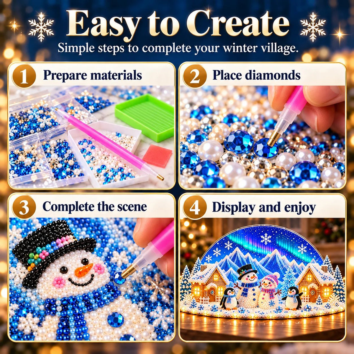DIY winter landscape with rhinestones and pearl details