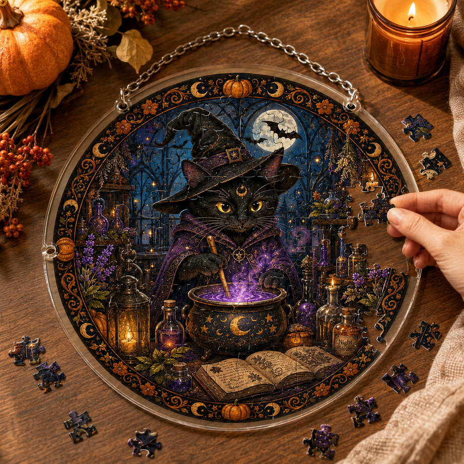 Halloween Acrylic Jigsaw Puzzle Suncatcher - Gothic Haunted House & Moon