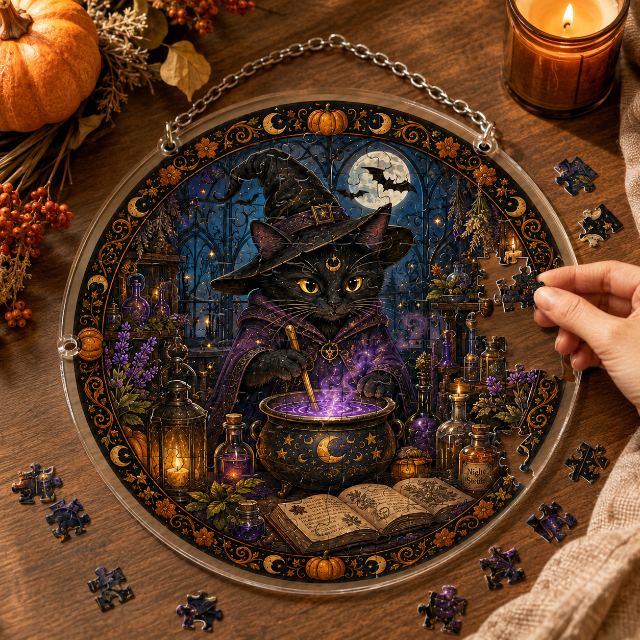 Halloween Acrylic Jigsaw Puzzle Suncatcher - Gothic Haunted House & Moon