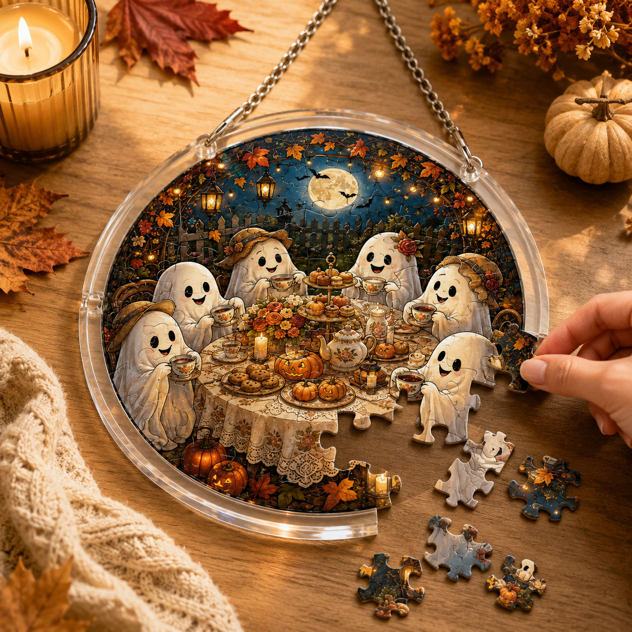 Halloween Acrylic Jigsaw Puzzle Suncatcher - Gothic Haunted House & Moon