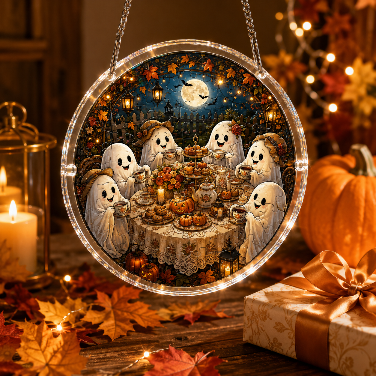 Halloween Acrylic Jigsaw Puzzle Suncatcher - Gothic Haunted House & Moon