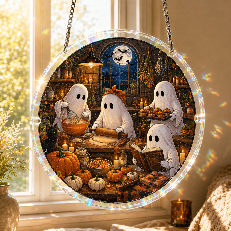 Halloween Acrylic Jigsaw Puzzle Suncatcher - Gothic Haunted House & Moon