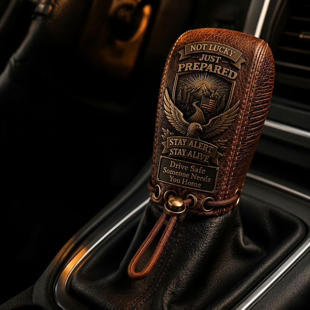"Built for the Road. Made for Peace of Mind." Leather Gear Shift Cover