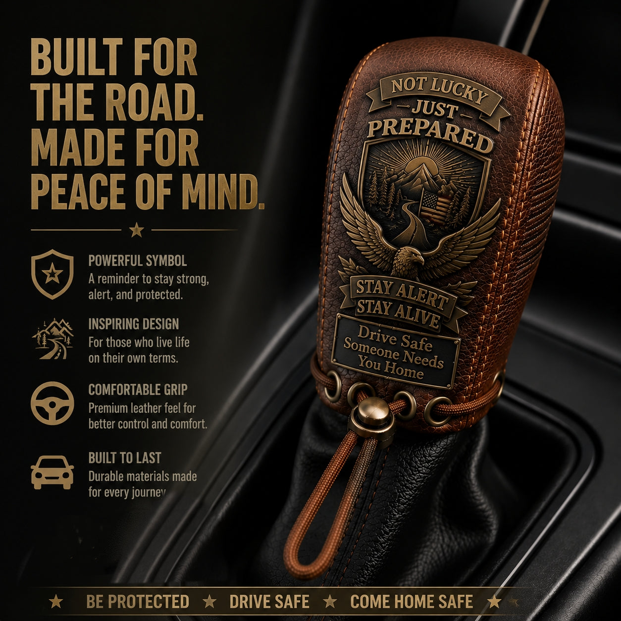 "Built for the Road. Made for Peace of Mind." Leather Gear Shift Cover