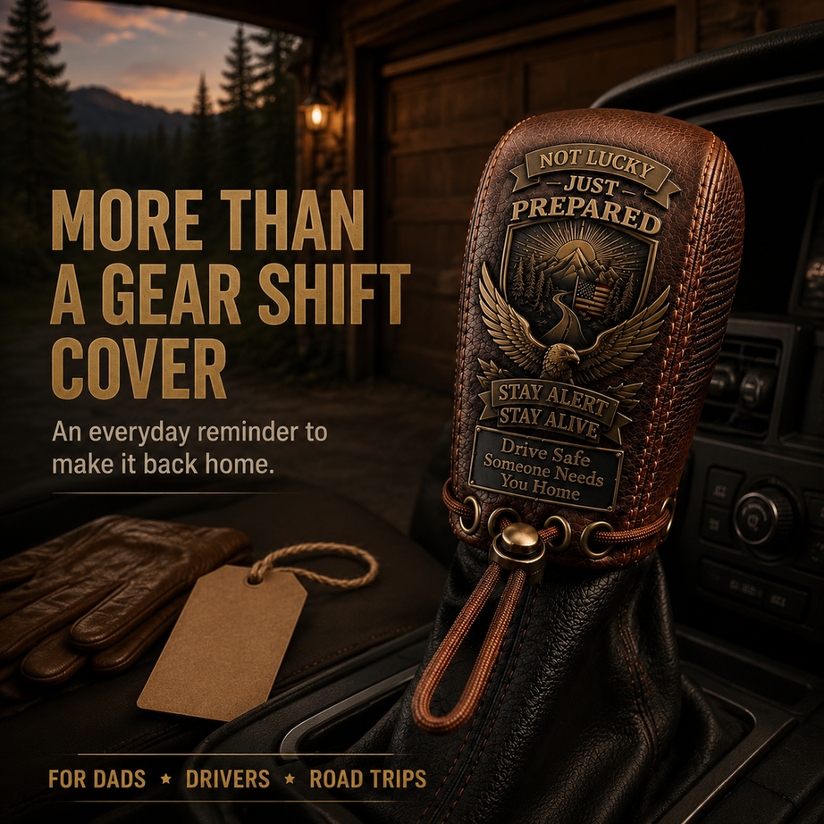 "Built for the Road. Made for Peace of Mind." Leather Gear Shift Cover