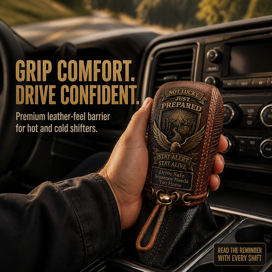 "Built for the Road. Made for Peace of Mind." Leather Gear Shift Cover