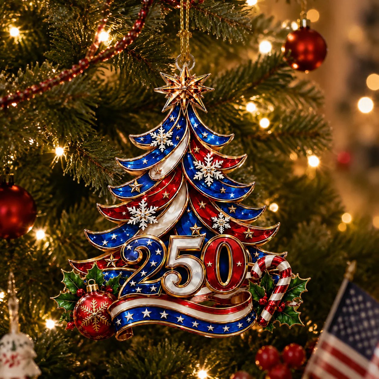 US 250th Anniversary Christmas Ornament, 6 Vintage American Flag Styles