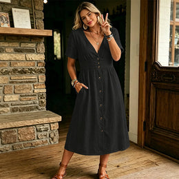 Effortless Summer Chic – Women's Summer V-Neck Button-Down Dress