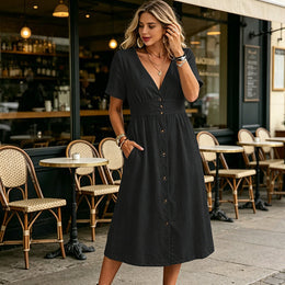 Effortless Summer Chic – Women's Summer V-Neck Button-Down Dress
