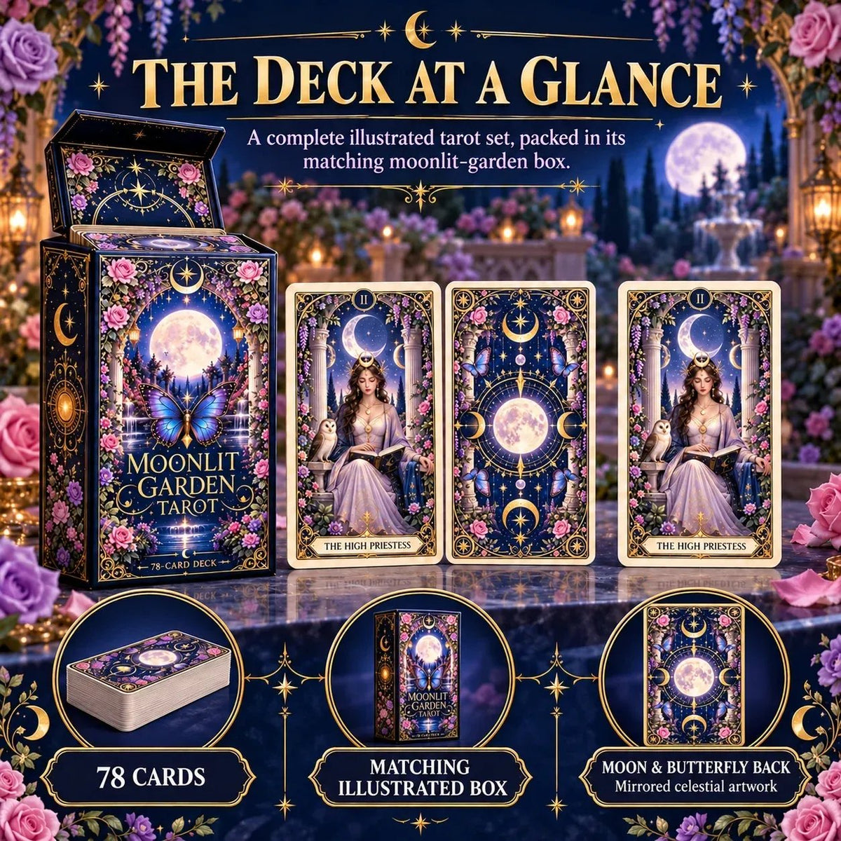 Garden in the Moonlight Tarot | 78-card tarot deck featuring celestial and botanical motifs