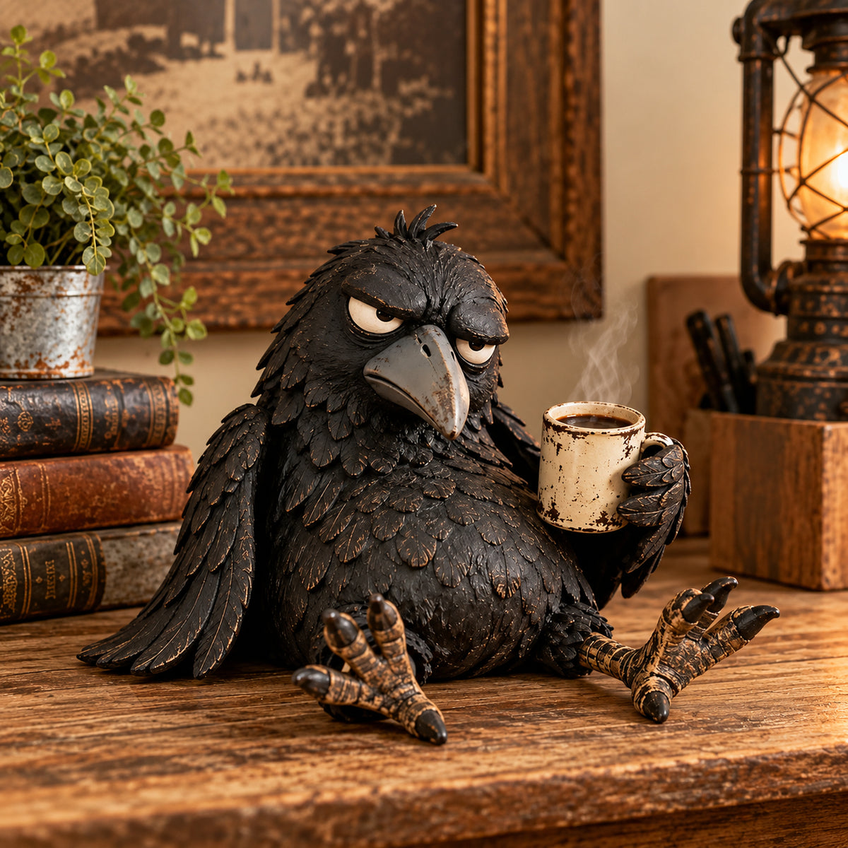 Grumpy Coffee Raven Figurine