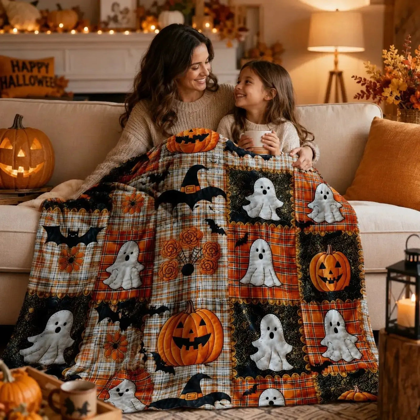 Halloween Pumpkin & Bat Flannel Throw Blanket
