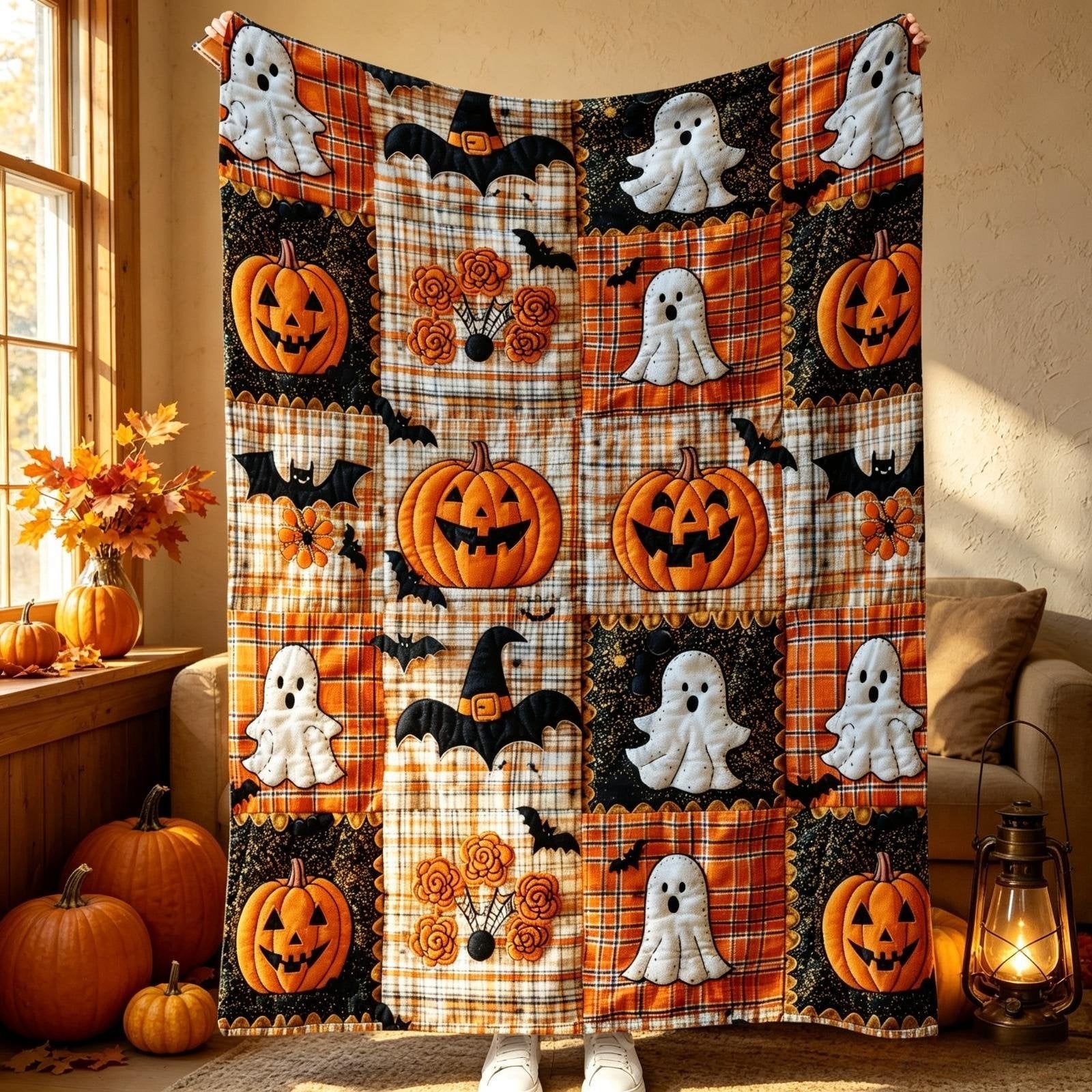Halloween Pumpkin & Bat Flannel Throw Blanket