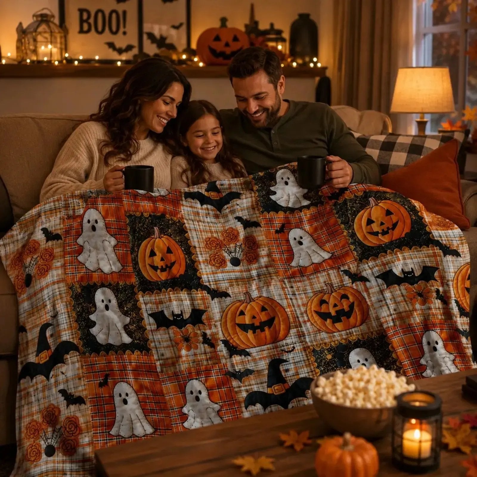 Halloween Pumpkin & Bat Flannel Throw Blanket