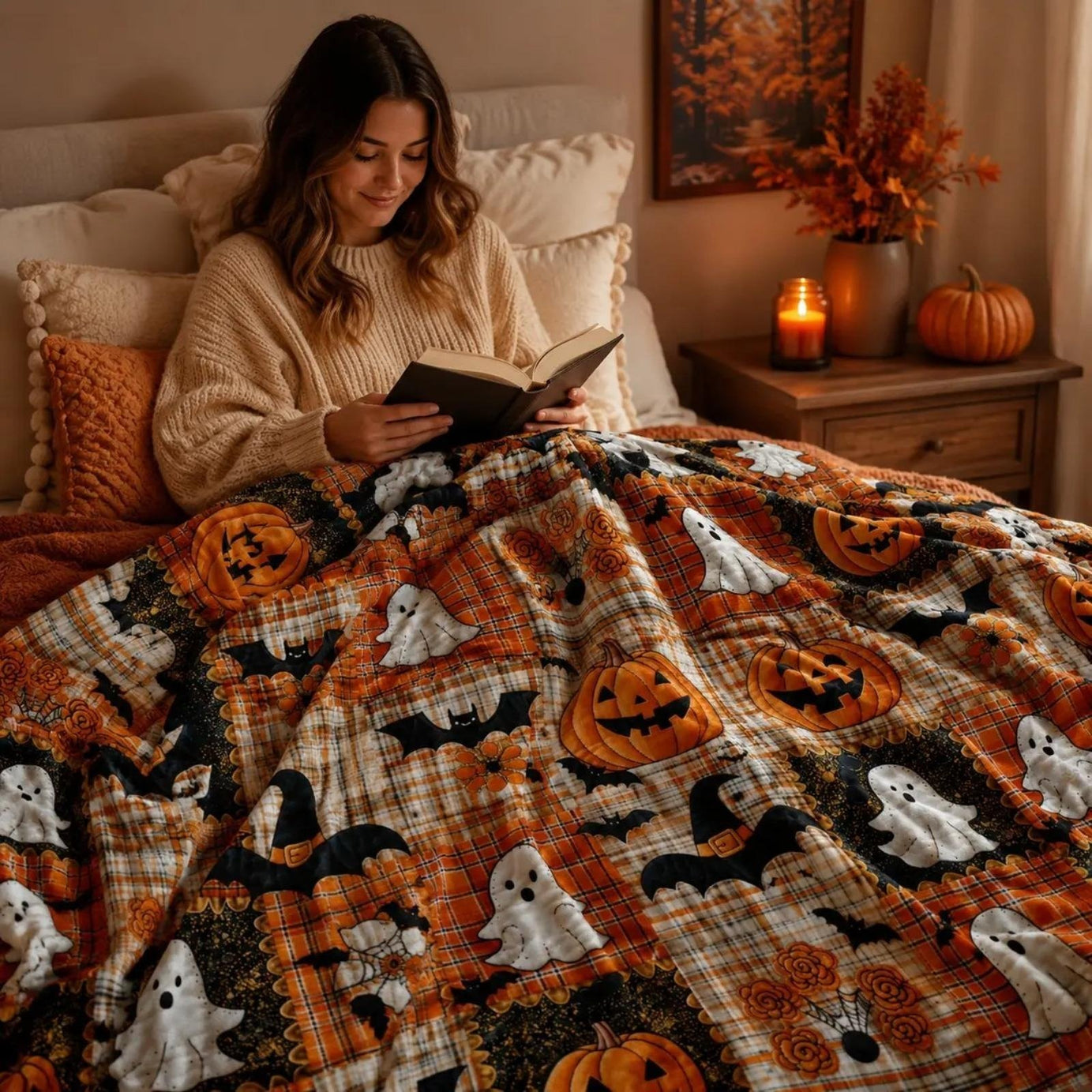 Halloween Pumpkin & Bat Flannel Throw Blanket