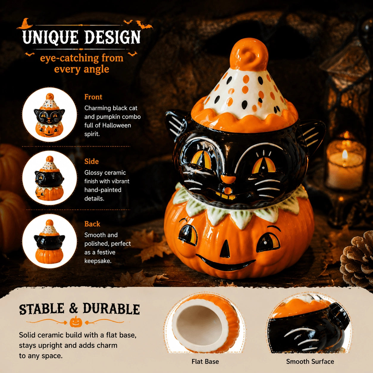 Halloween Vintage Black Cat Pumpkin Ceramic Candy Jar