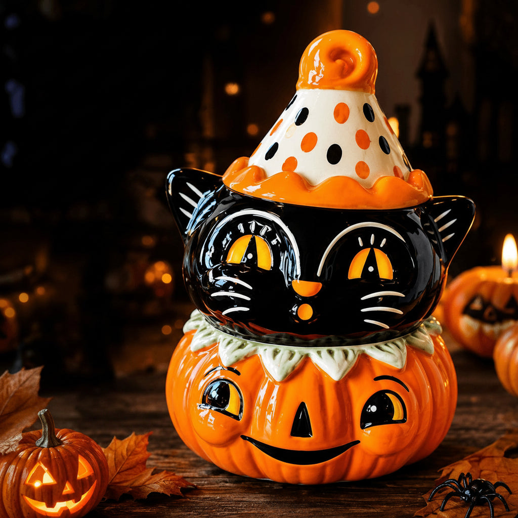 Halloween Vintage Black Cat Pumpkin Ceramic Candy Jar