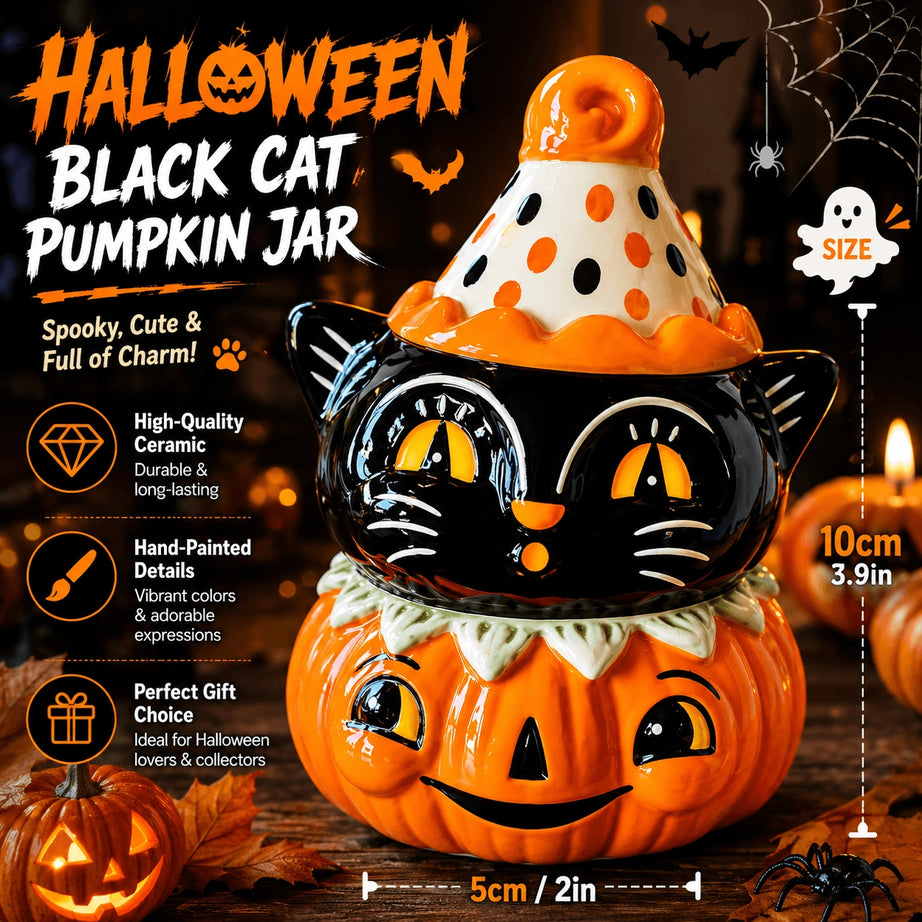 Halloween Vintage Black Cat Pumpkin Ceramic Candy Jar