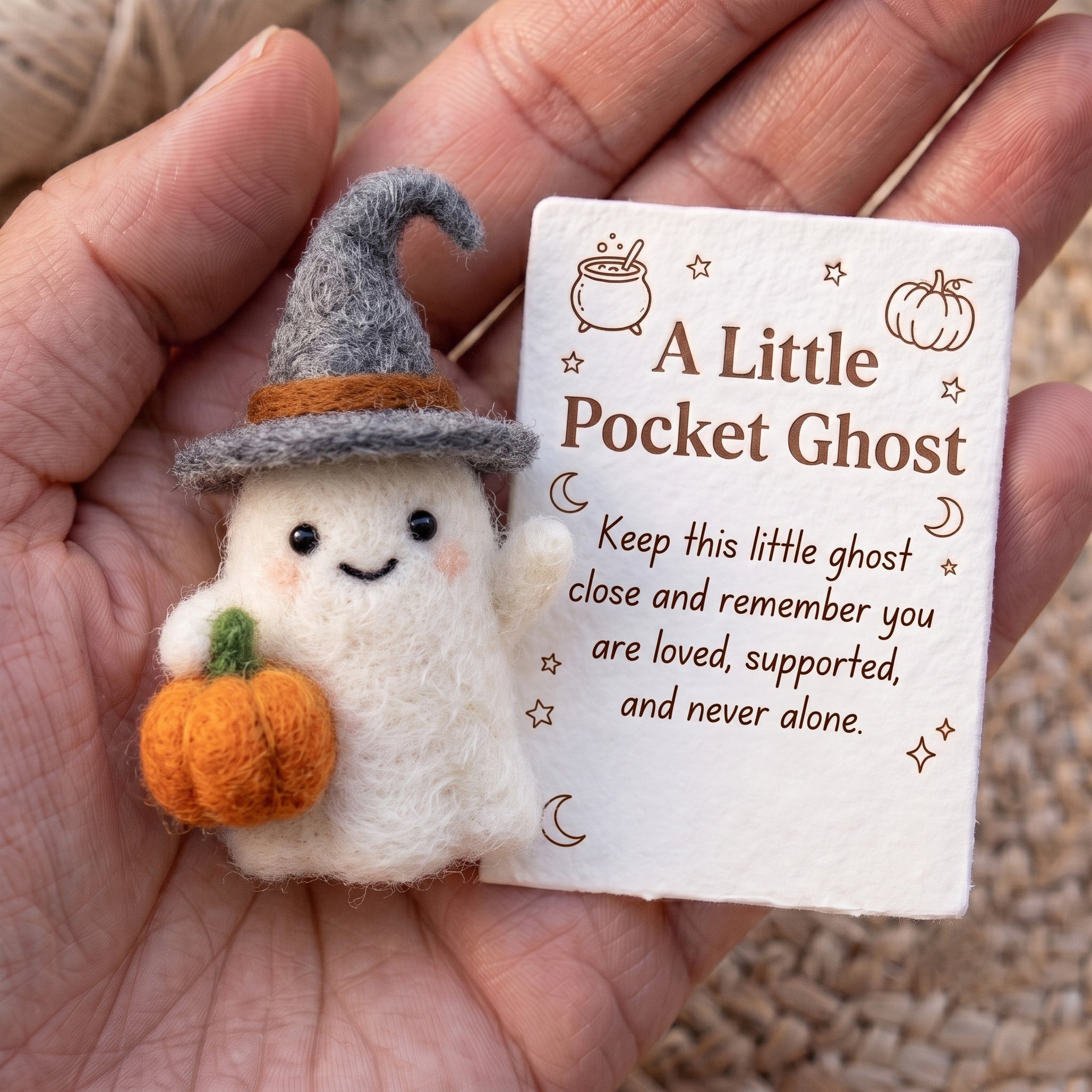 Handmade Needle Felted Pocket Ghost with Pumpkin