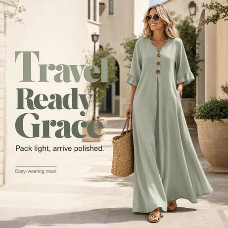 Women's V-Neck Loose Maxi Dress – Flowing Silhouette, Soft Drape, Day to Dinner