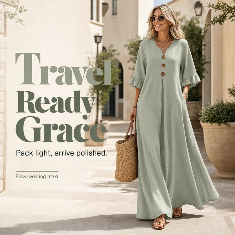 Women's V-Neck Loose Maxi Dress – Flowing Silhouette, Soft Drape, Day to Dinner