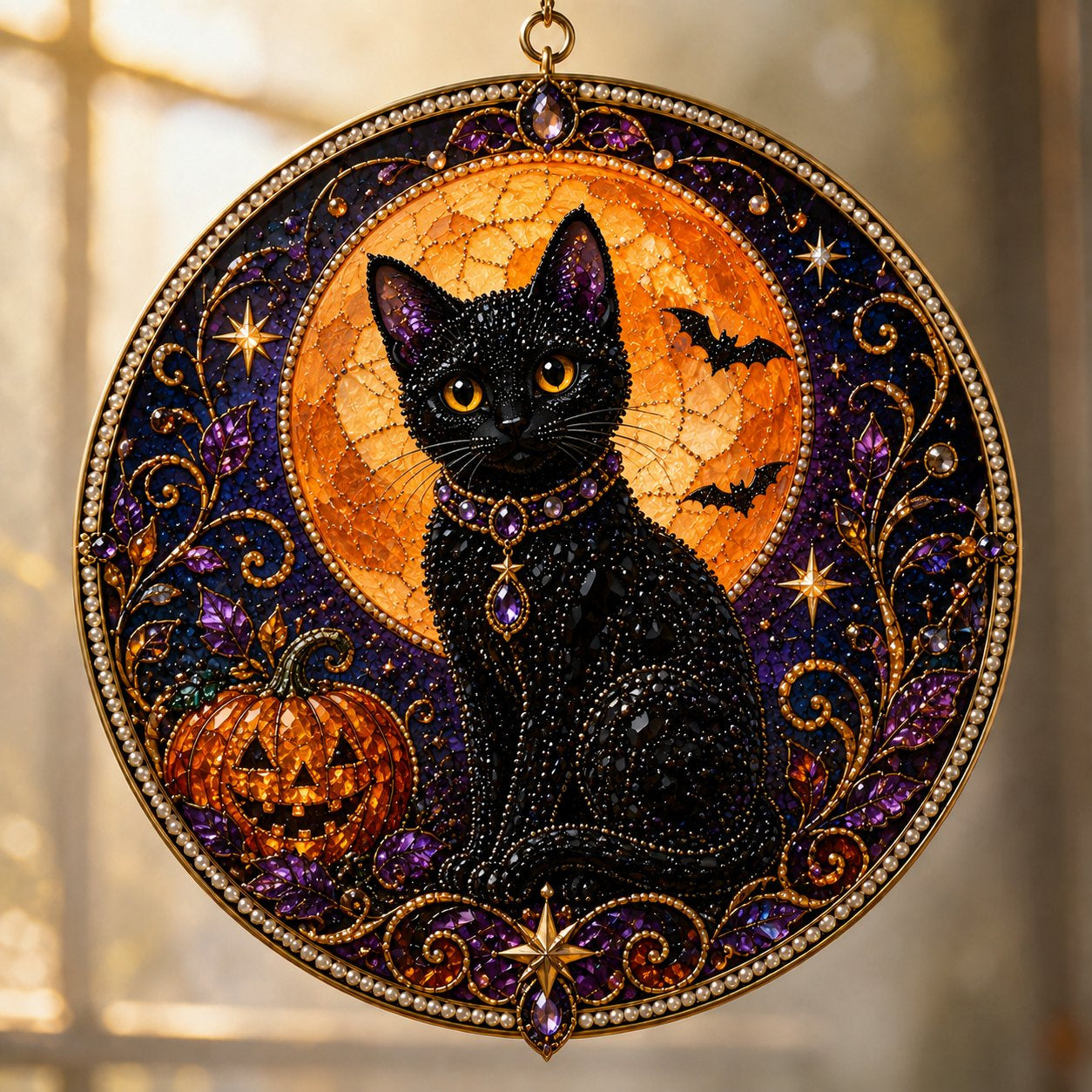 DIY Celestial Black Cat Window Hanging Kit | 3D Pearl Bead Suncatcher