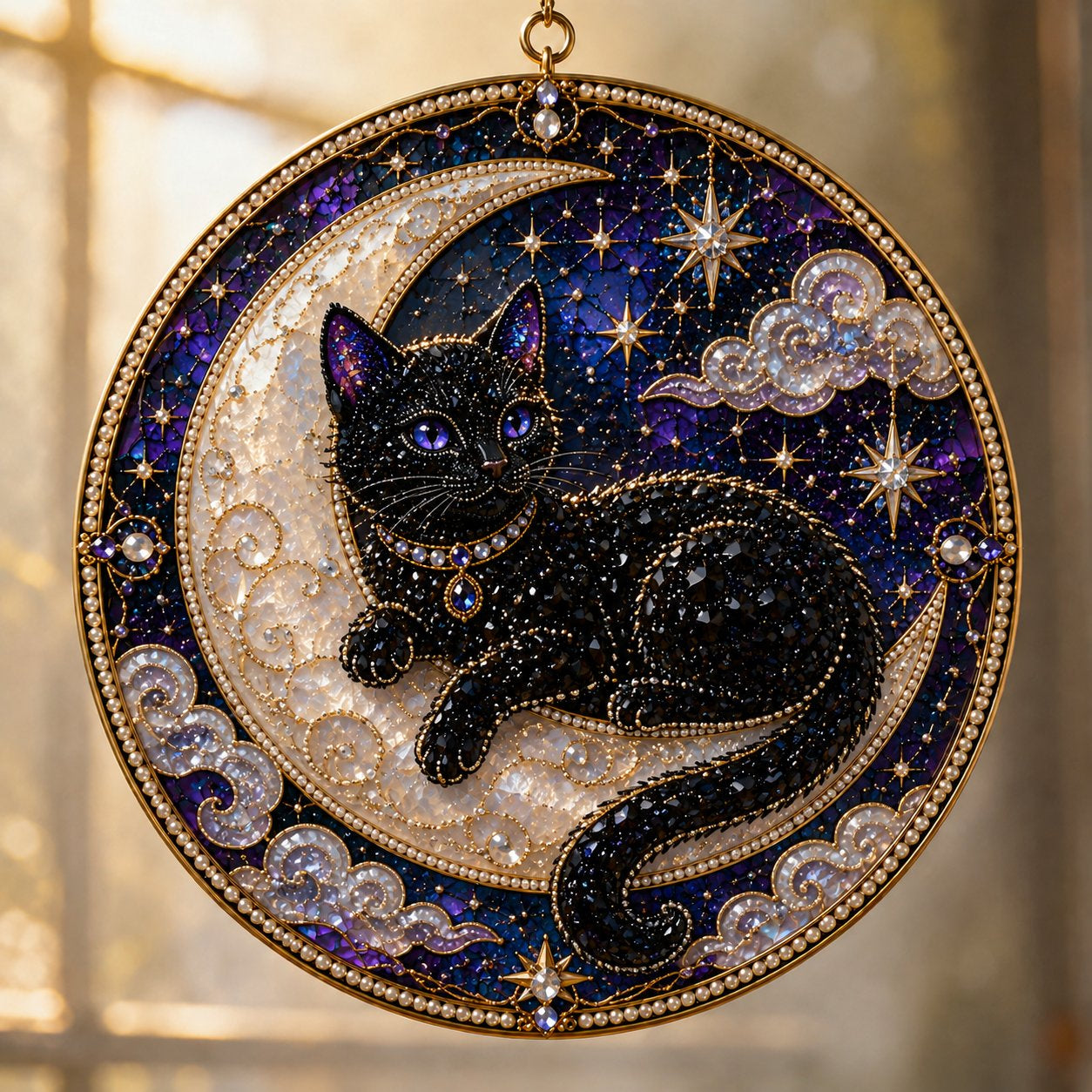 DIY Celestial Black Cat Window Hanging Kit | 3D Pearl Bead Suncatcher