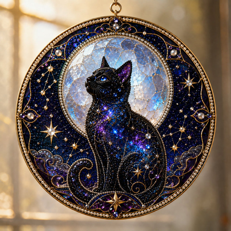 DIY Celestial Black Cat Window Hanging Kit | 3D Pearl Bead Suncatcher