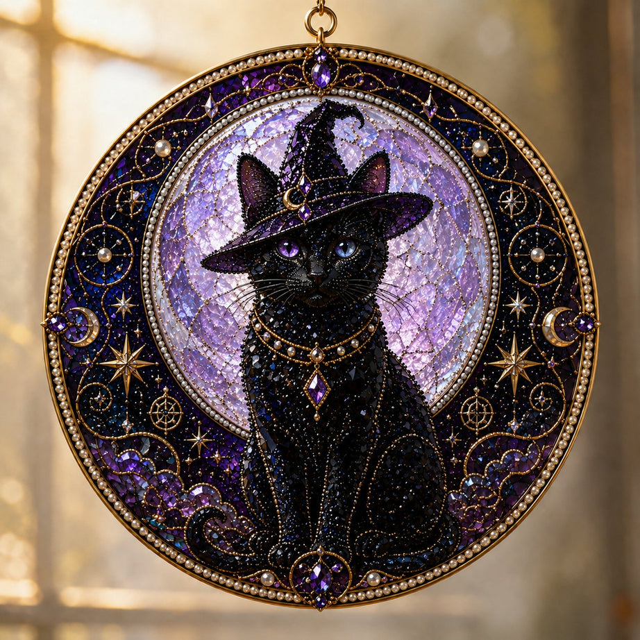 DIY Celestial Black Cat Window Hanging Kit | 3D Pearl Bead Suncatcher