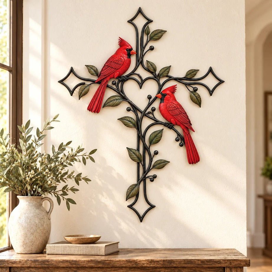 Cardinal Heart Cross Wall Decor