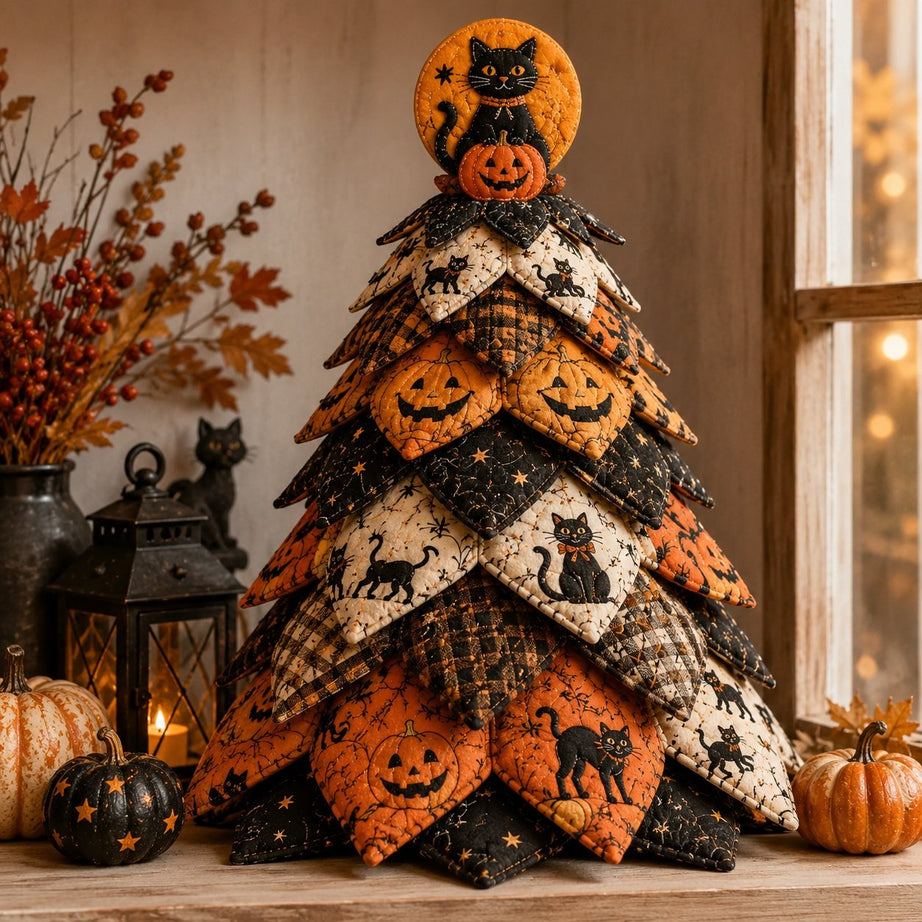 Midnight Black Cat Quilted Tabletop Tree DIY Kit