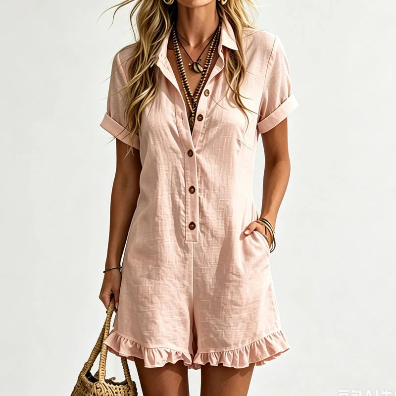 Women's Short Sleeve Button Up Romper with Pockets