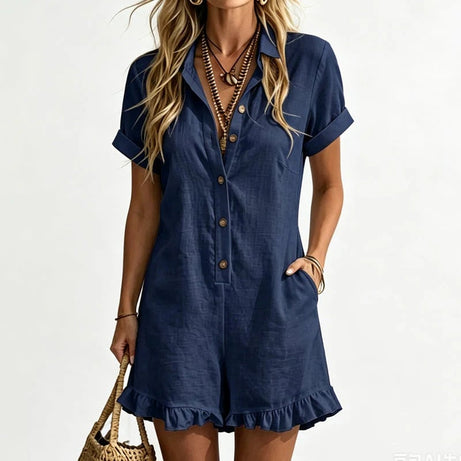 Women's Short Sleeve Button Up Romper with Pockets