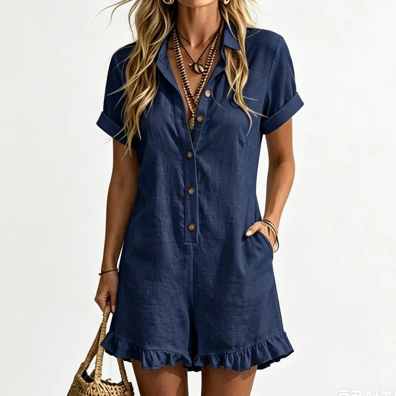Women's Short Sleeve Button Up Romper with Pockets