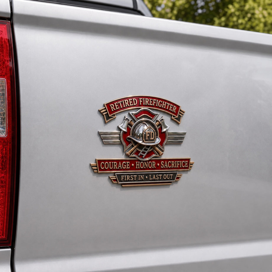 Premium Retired Firefighter Car Emblem Badge 3D Metal Vehicle Decal