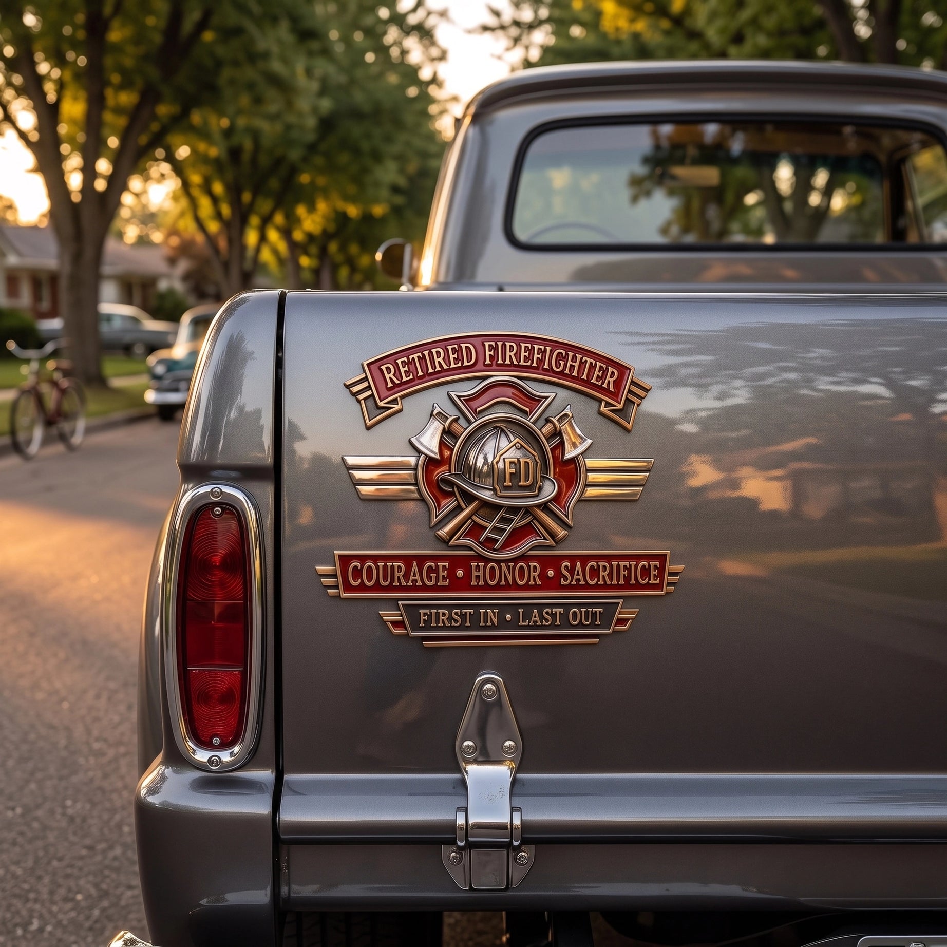 Premium Retired Firefighter Car Emblem Badge 3D Metal Vehicle Decal