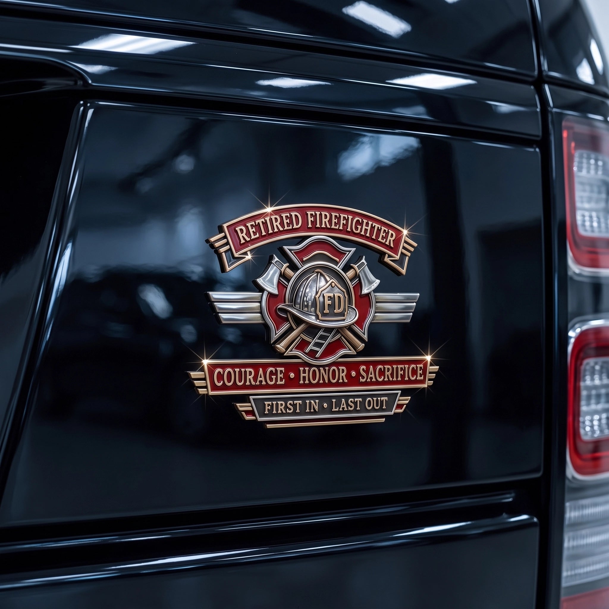 Premium Retired Firefighter Car Emblem Badge 3D Metal Vehicle Decal
