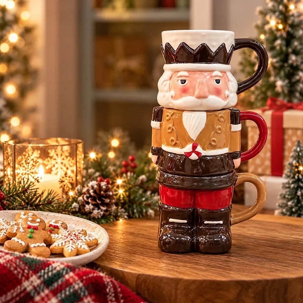 3-Piece Stackable Nutcracker Christmas Mug Set