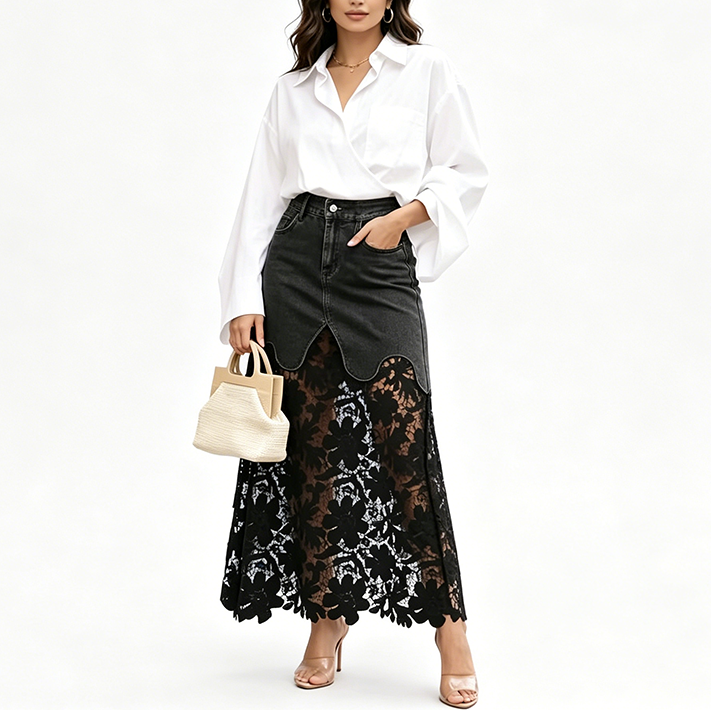 Women's Denim Bodycon Skirt with Hollow Lace Trim