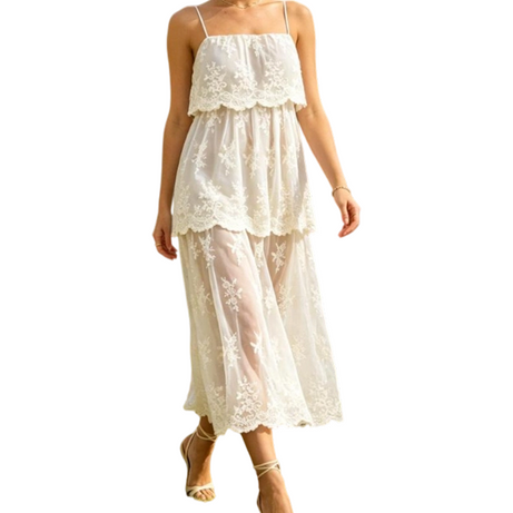 Women Elegant White Lace Spaghetti Strap Maxi Dress