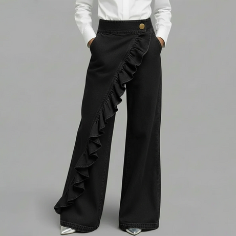 Women's asymmetrical ruffle wide-leg denim trousers