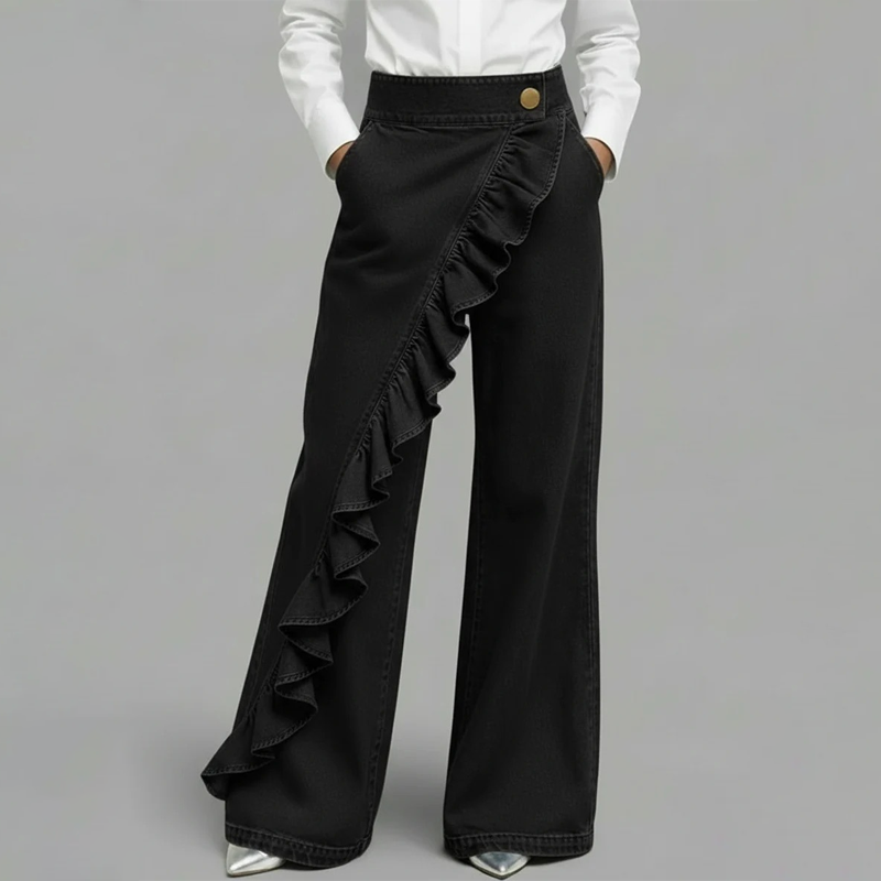 Women's asymmetrical ruffle wide-leg denim trousers