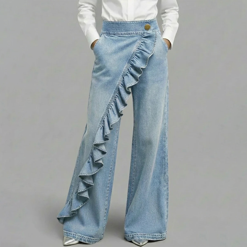 Women's asymmetrical ruffle wide-leg denim trousers