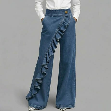Women's asymmetrical ruffle wide-leg denim trousers