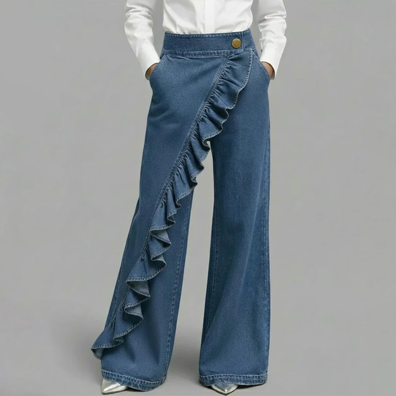 Women's asymmetrical ruffle wide-leg denim trousers