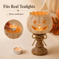Rustic White Pumpkin Tealight Candle Holder Set