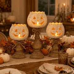 Rustic White Pumpkin Tealight Candle Holder Set