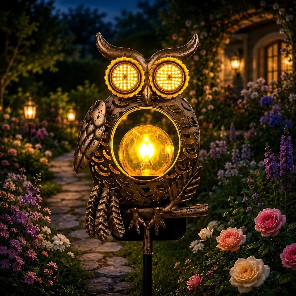 Outdoor Solar-Powered Kinetic Metal Owl Light