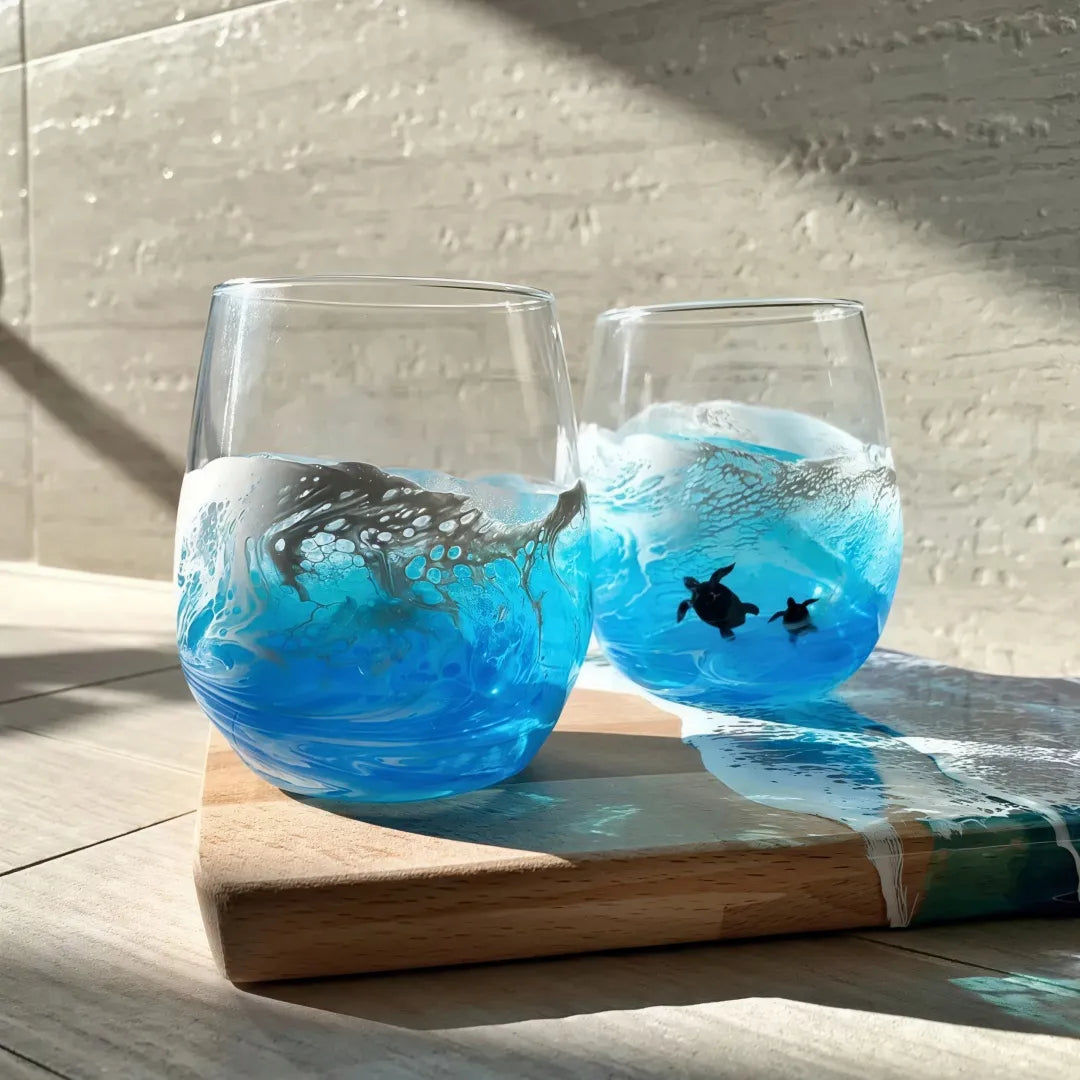 Turtles Hand‑Blown Ocean Wave Glass Cups