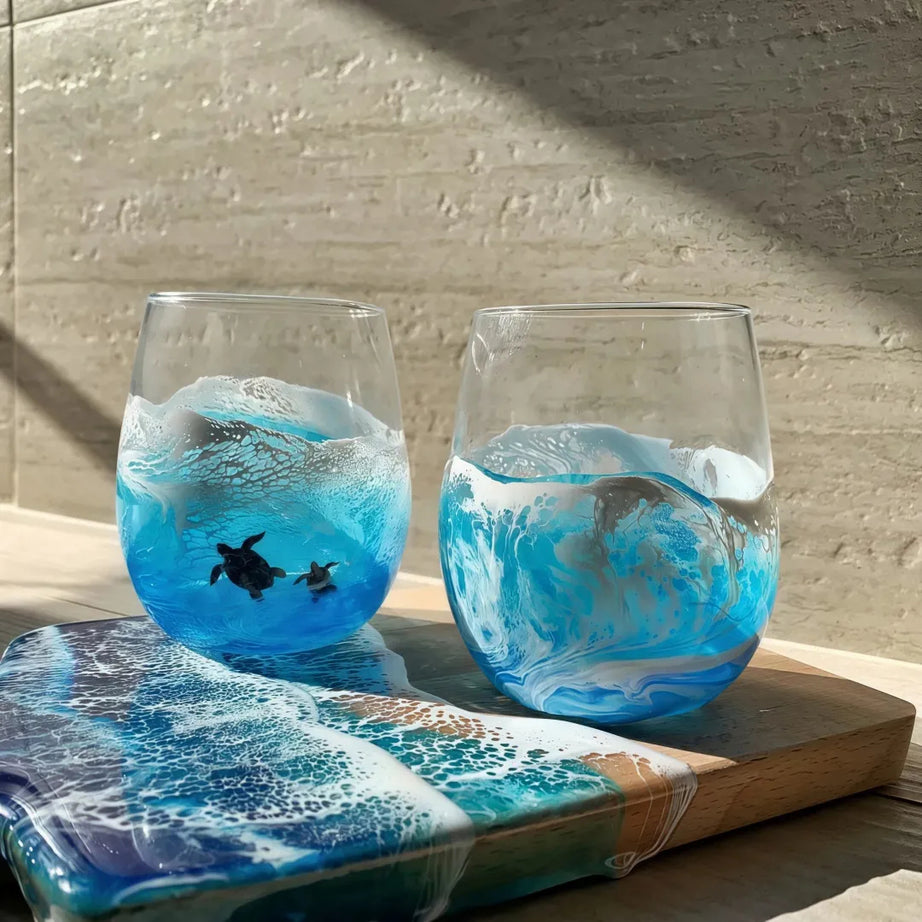 Turtles Hand‑Blown Ocean Wave Glass Cups